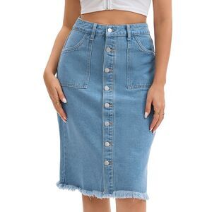 Women's Denim Skirt Knee Length Raw Hem Button Down Pencil Skirts Light Blue